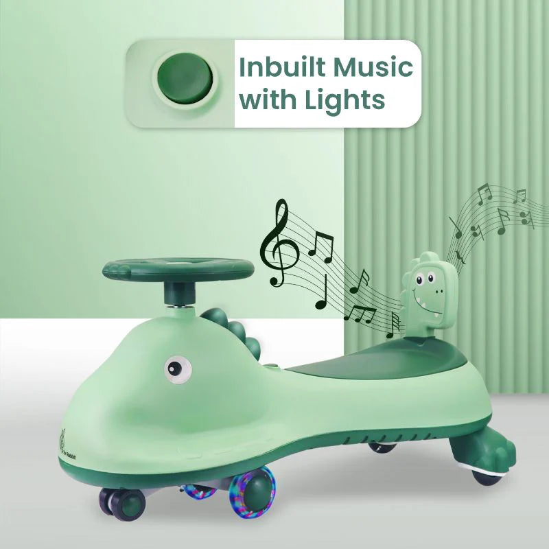 R for Rabbit Iya Iya Dino Swing Car - Inbuilt Music With Light, PU LED Wheels, ABEC 7 Bearing, Up to 100 Kgs Capacity