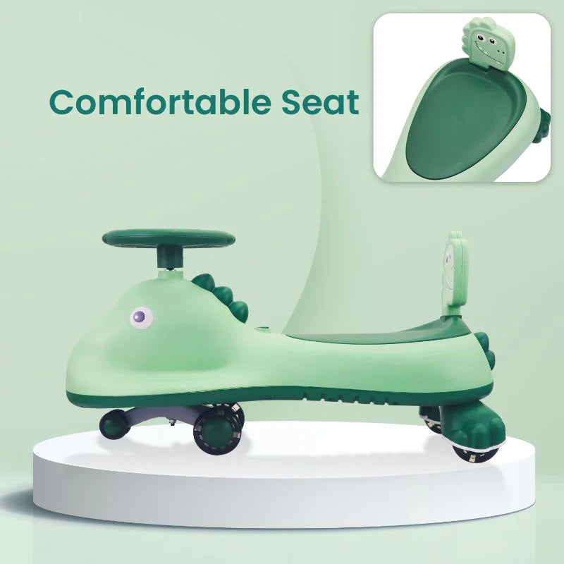 R for Rabbit Iya Iya Dino Swing Car - Inbuilt Music With Light, PU LED Wheels, ABEC 7 Bearing, Up to 100 Kgs Capacity