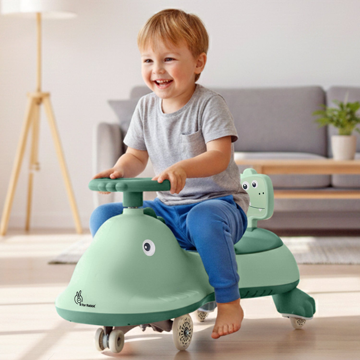 R for Rabbit Iya Iya Dino Swing Car For Kids - Inbuilt Music With Light, PU LED Wheels, ABEC 7 Bearing, Up to 100 Kgs Capacity