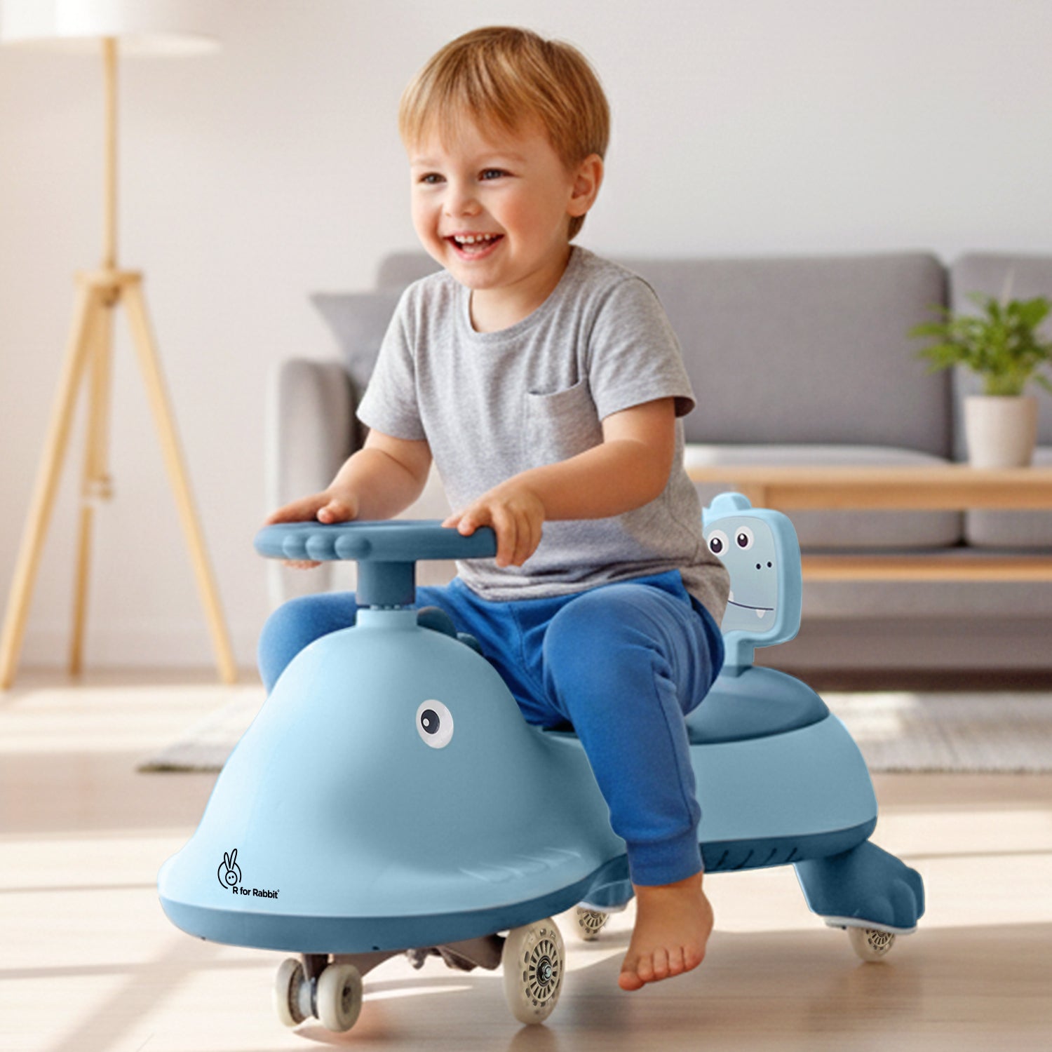 R for Rabbit Iya Iya Dino Swing Car For Kids - Inbuilt Music With Light, PU LED Wheels, ABEC 7 Bearing, Up to 100 Kgs Capacity