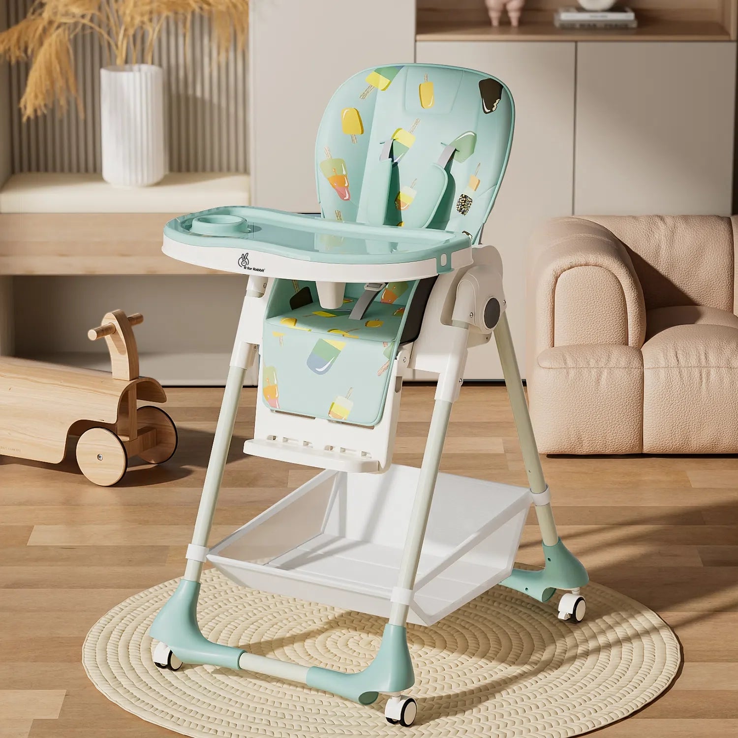 R for Rabbit Marshmallow High Chair - 7 Level Height Adjustment, 3 Recline Modes, Adjustable & Removable Double Meal Tray, 6 months-5 years