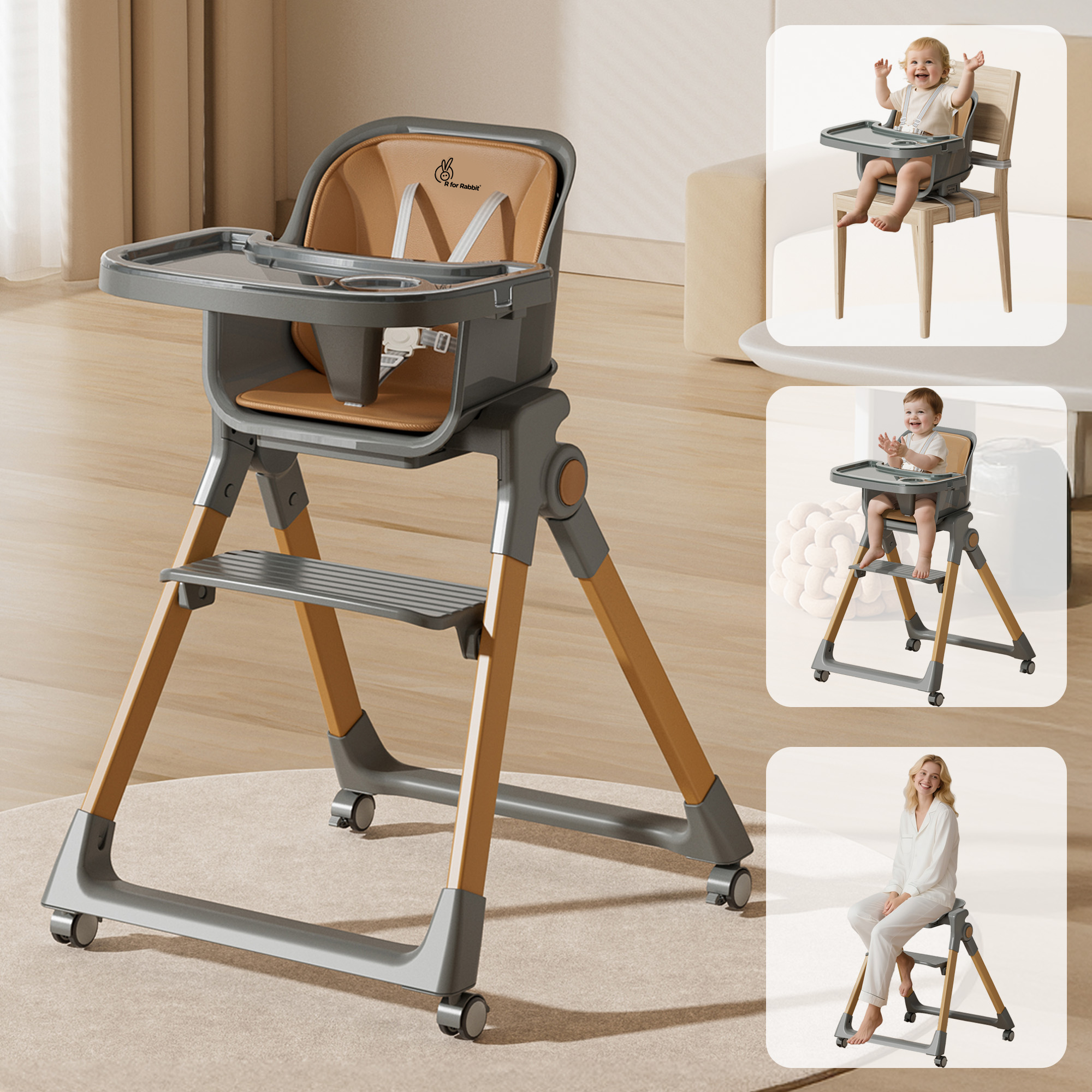 R for Rabbit Walnut High Chair - 3 in 1 Convertible kids Highchair with Booster & Stool