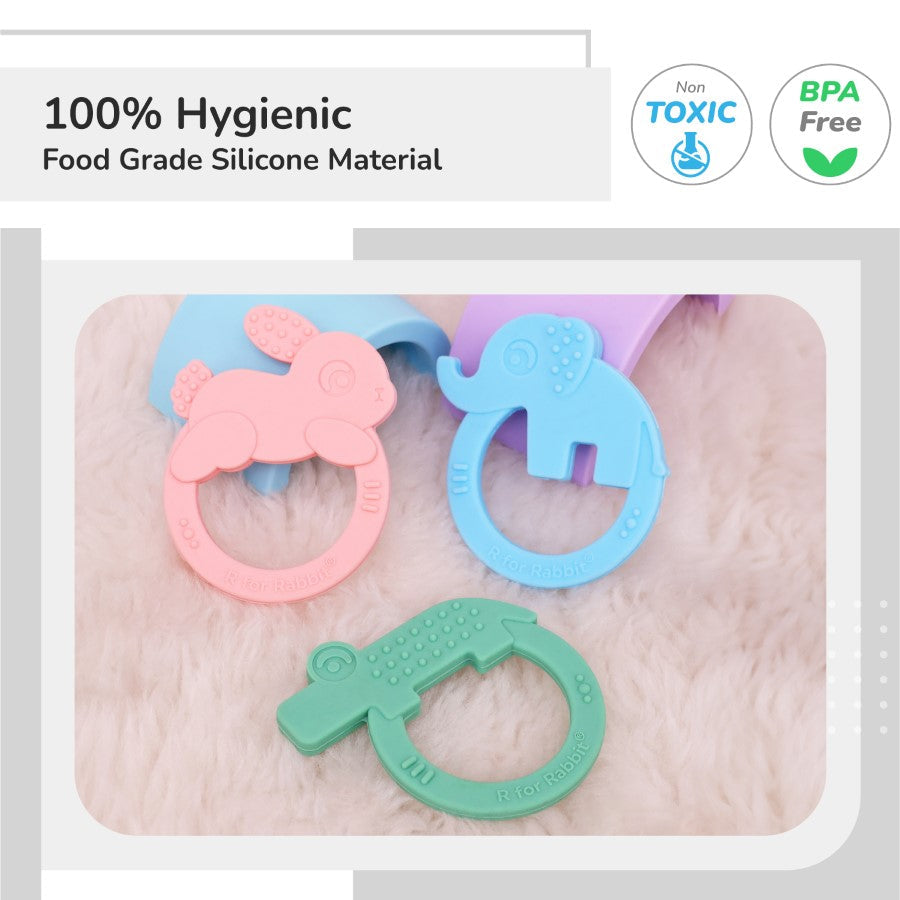 R for Rabbit Tiny Bites Zoobie Baby Silicone Teethers Pack of 3 Crocodile, Rabbit, and Elephant
