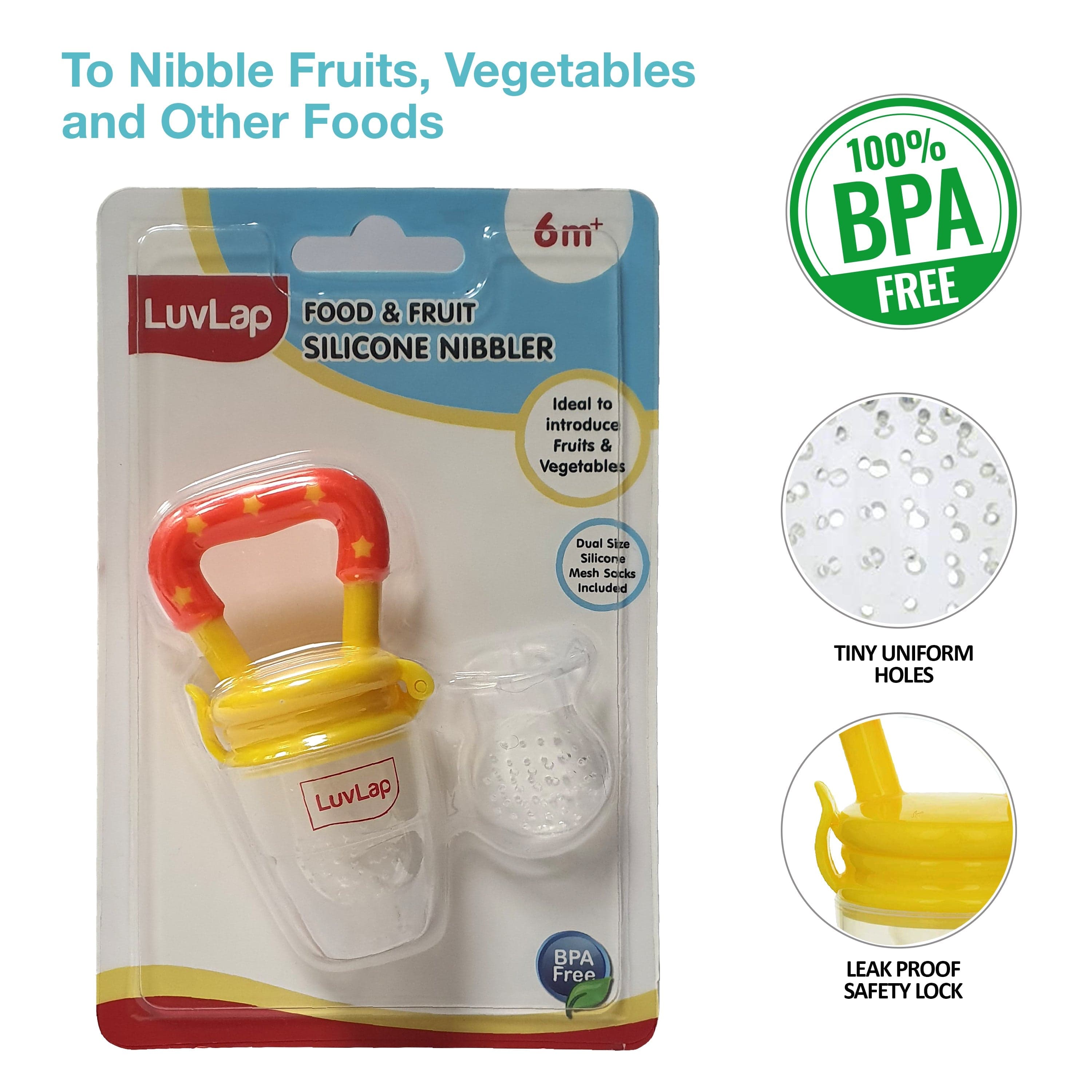 LuvLap Silicone Food/Fruit Nibbler with Extra Mesh, Infant, Joystar Yellow, BPA Free