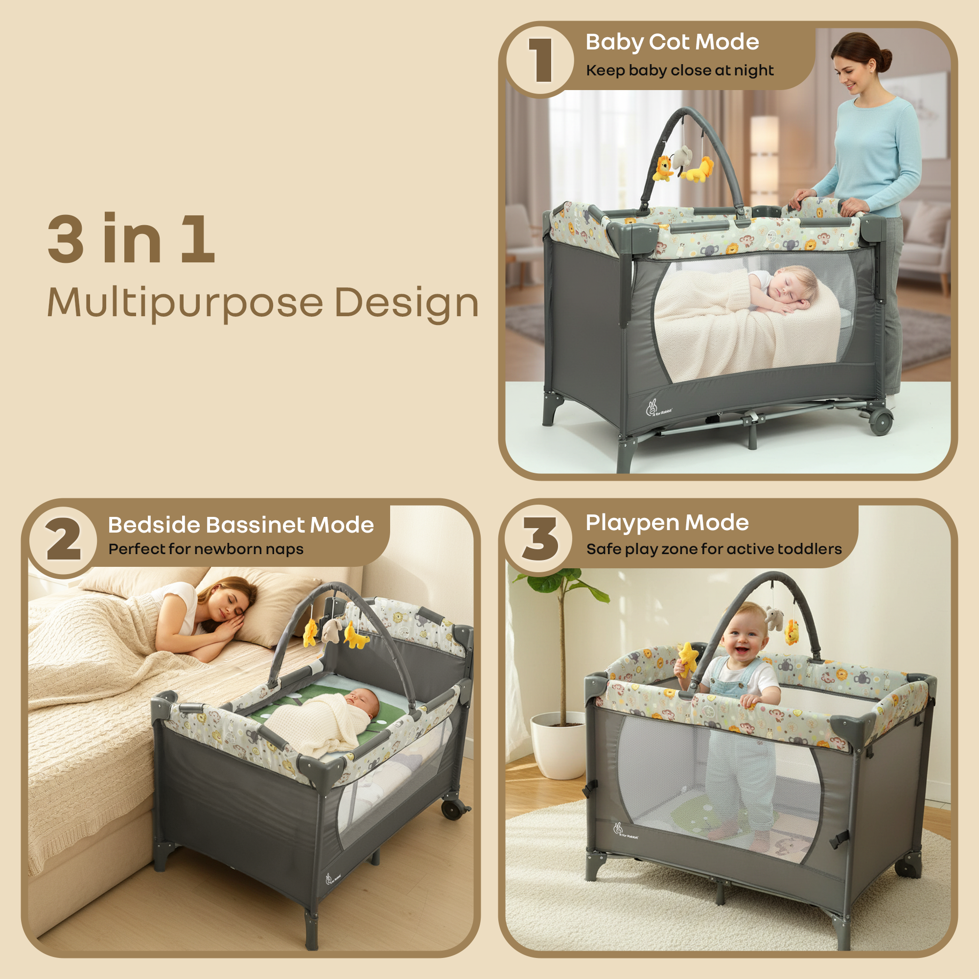 R for Rabbit Hide N Seek Bliss Baby Cot - Safe, Cozy & Foldable Cot for Babies 0-3 Years