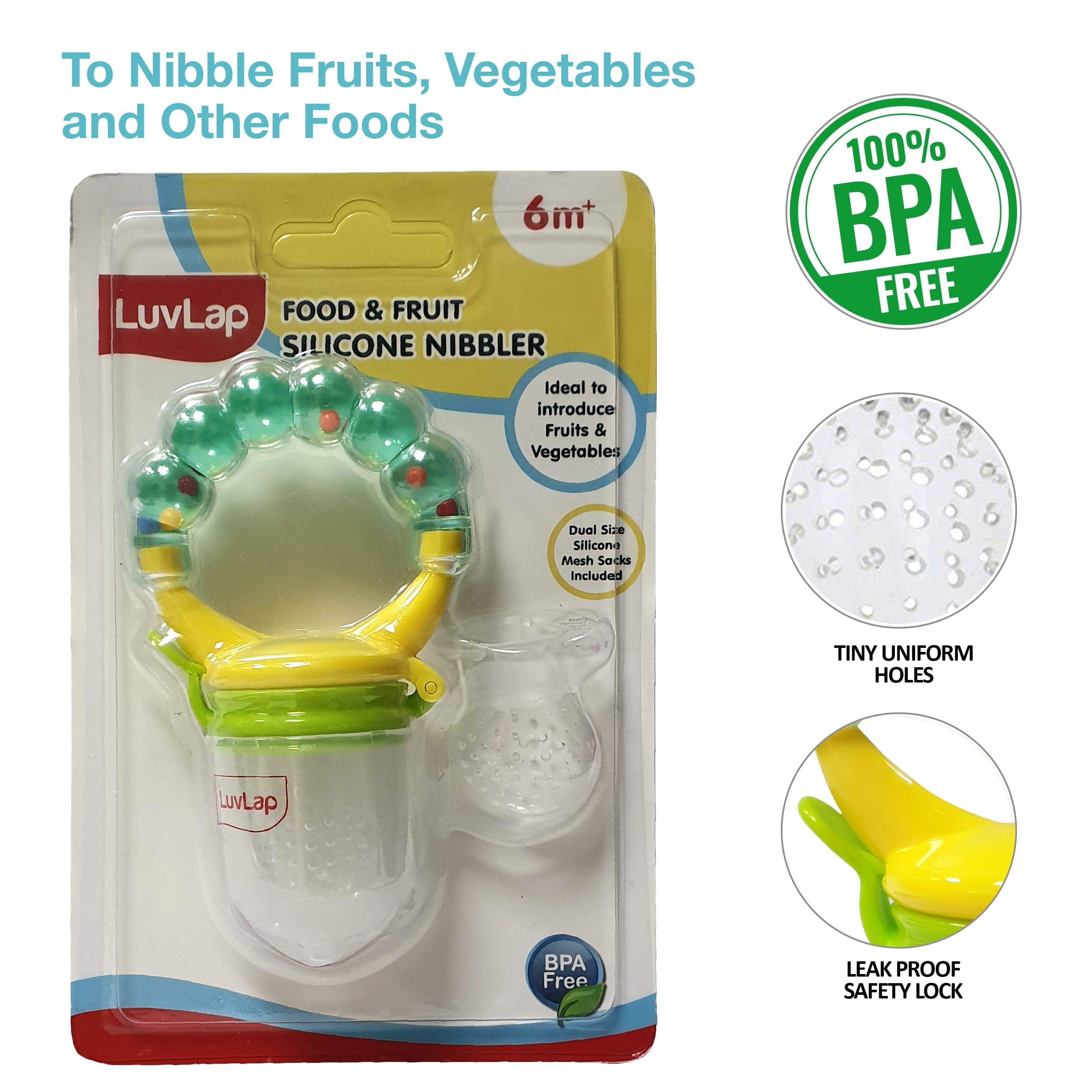 LuvLap Silicone Food/Fruit Nibbler with Extra Mesh, Infant, Pearly Green, BPA Free