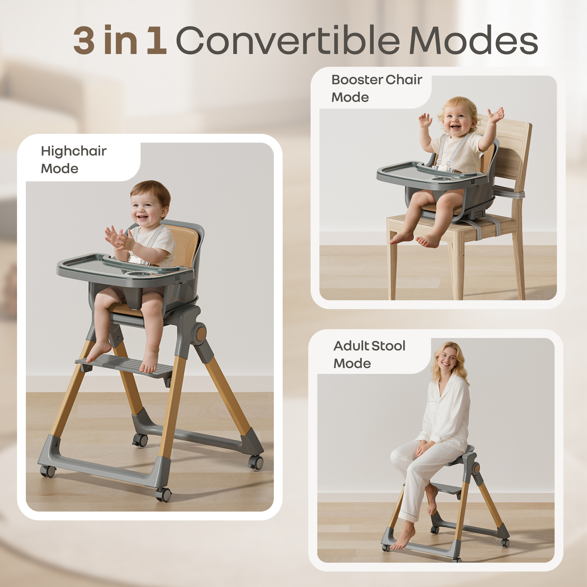 R for Rabbit Walnut High Chair - 3 in 1 Convertible kids Highchair with Booster & Stool