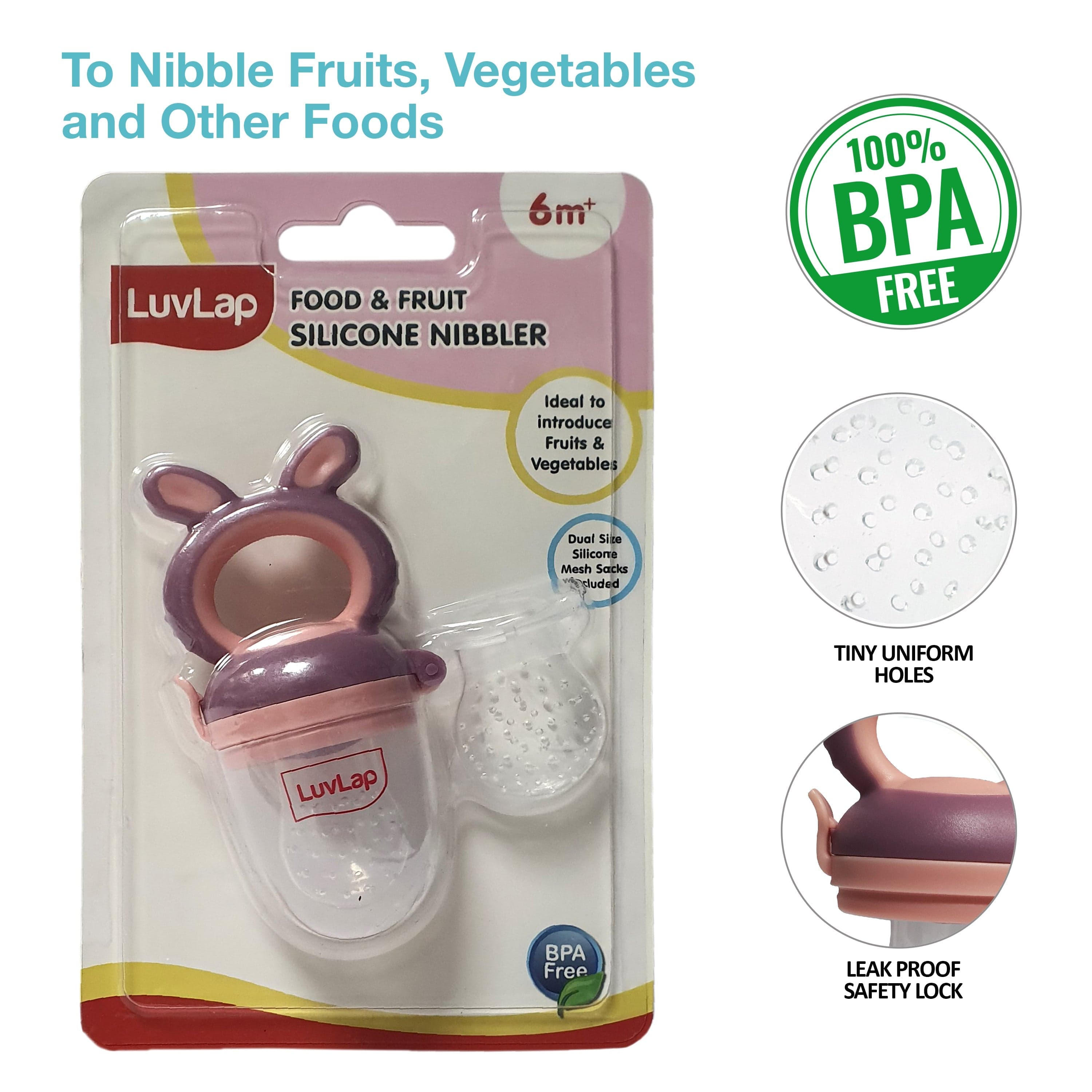 LuvLap Silicone Food/Fruit Nibbler/Teether, Violet & Pink