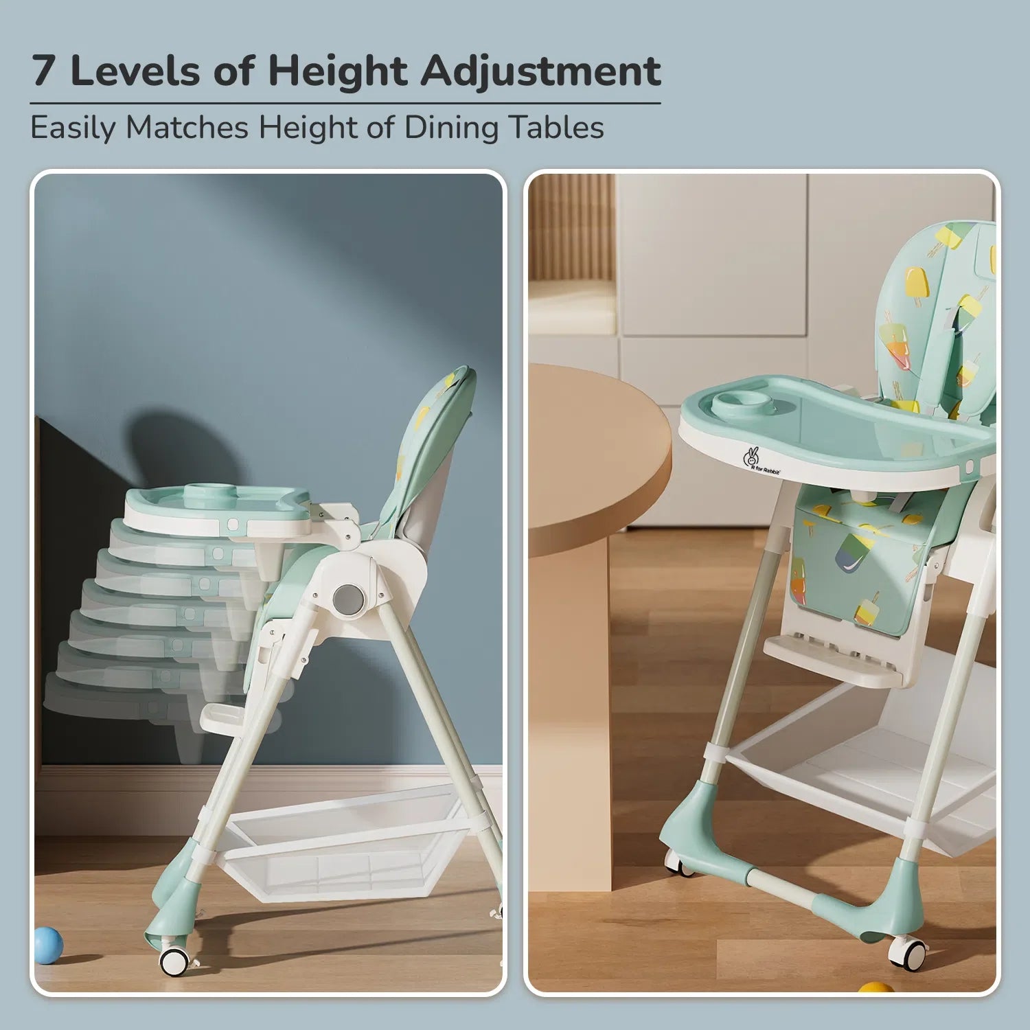 R for Rabbit Marshmallow High Chair - 7 Level Height Adjustment, 3 Recline Modes, Adjustable & Removable Double Meal Tray, 6 months-5 years