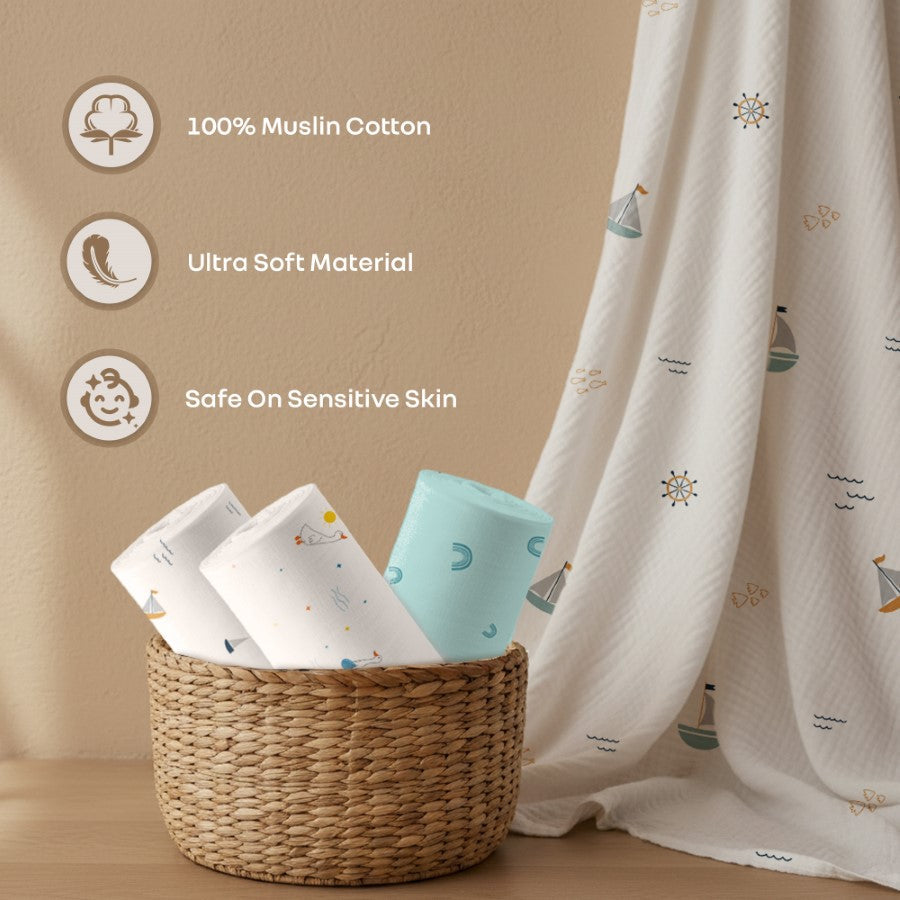 R for Rabbit Cuddlez Muslin Baby Swaddle 100% Cotton Baby Swaddle Soft & Breathable Multipurpose Cloth (Pack of 3)
