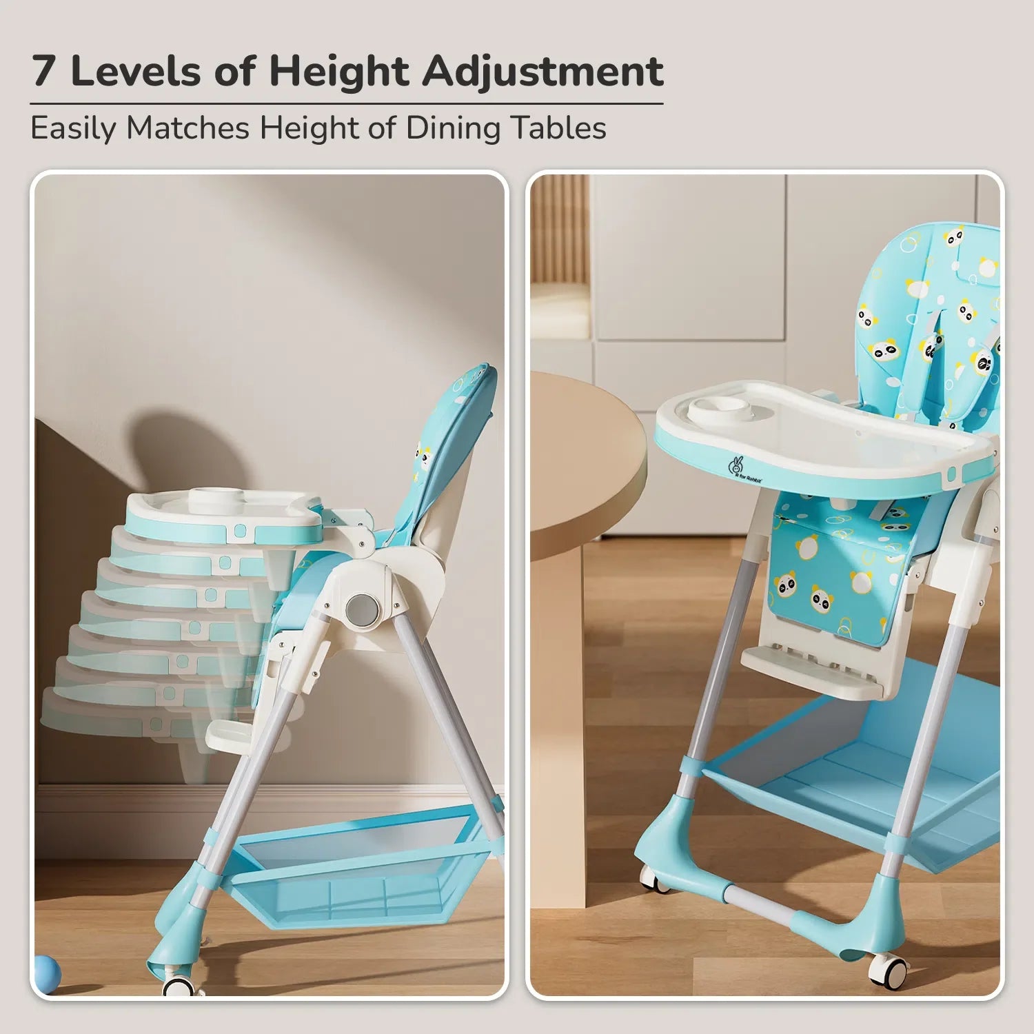 R for Rabbit Marshmallow High Chair - 7 Level Height Adjustment, 3 Recline Modes, Adjustable & Removable Double Meal Tray, 6 months-5 years