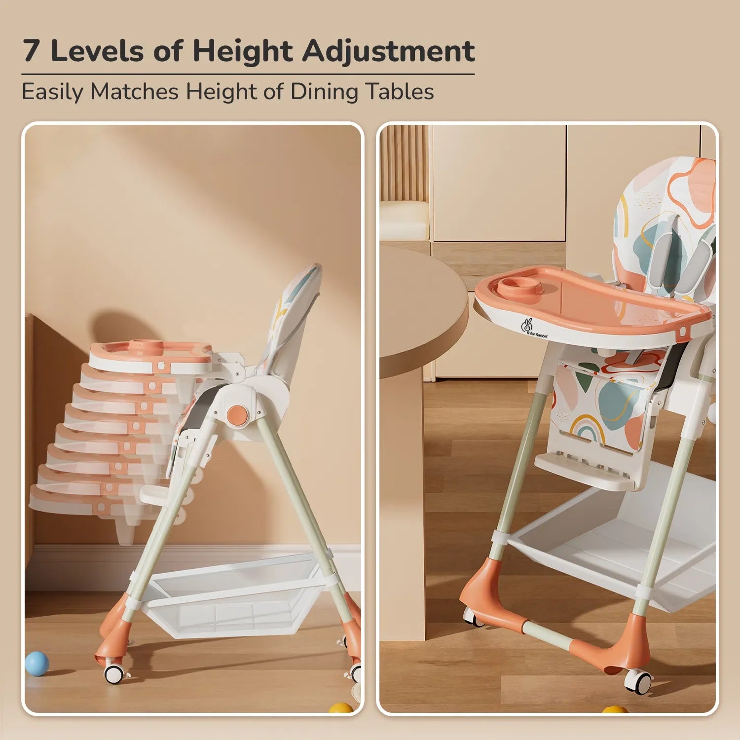 R for Rabbit Marshmallow High Chair - 7 Level Height Adjustment, 3 Recline Modes, Adjustable & Removable Double Meal Tray, 6 months-5 years