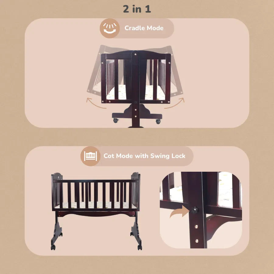 R for Rabbit Dream Time Wooden Cradle - Swing & Wheel Lock, High Quality Pine Wood, Scratch Resistant