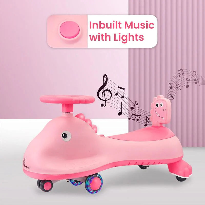 R for Rabbit Iya Iya Dino Swing Car - Inbuilt Music With Light, PU LED Wheels, ABEC 7 Bearing, Up to 100 Kgs Capacity