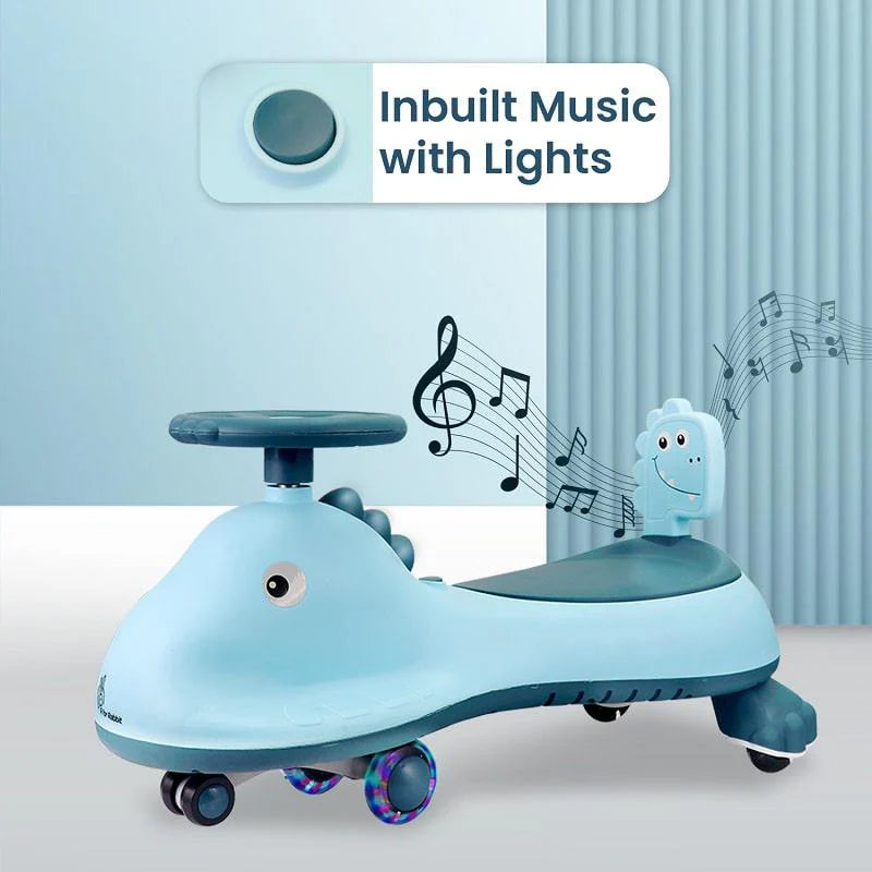 R for Rabbit Iya Iya Dino Swing Car - Inbuilt Music With Light, PU LED Wheels, ABEC 7 Bearing, Up to 100 Kgs Capacity