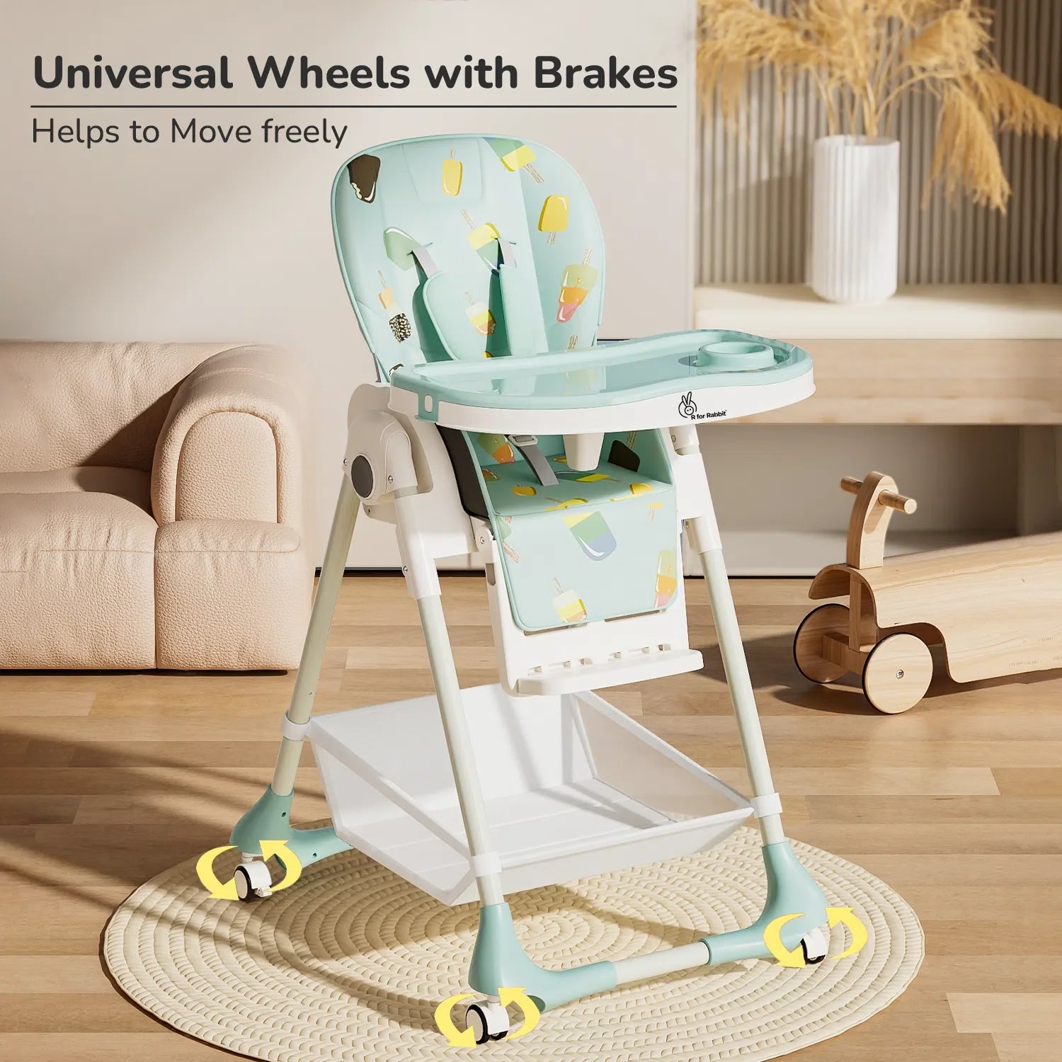 R for Rabbit Marshmallow High Chair - 7 Level Height Adjustment, 3 Recline Modes, Adjustable & Removable Double Meal Tray, 6 months-5 years