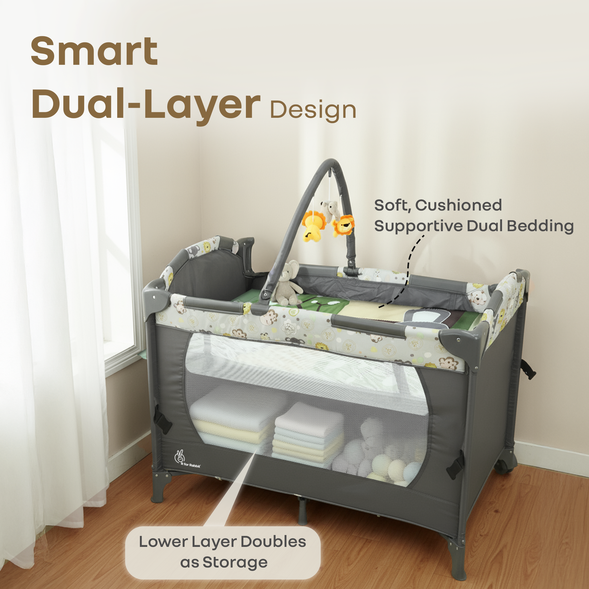 R for Rabbit Hide N Seek Bliss Baby Cot - Safe, Cozy & Foldable Cot for Babies 0-3 Years