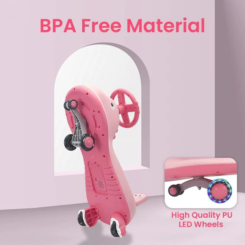 R for Rabbit Iya Iya Dino Swing Car - Inbuilt Music With Light, PU LED Wheels, ABEC 7 Bearing, Up to 100 Kgs Capacity