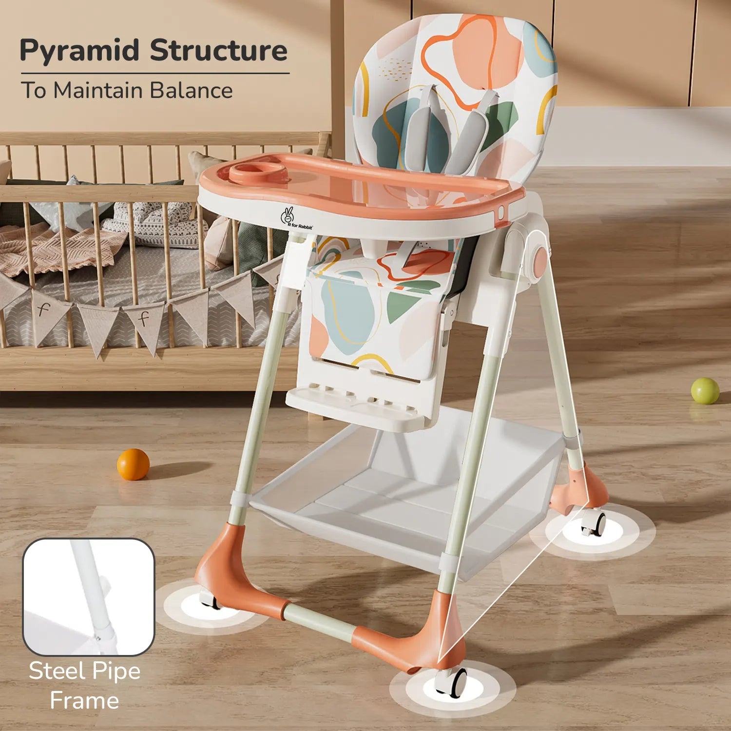 R for Rabbit Marshmallow High Chair - 7 Level Height Adjustment, 3 Recline Modes, Adjustable & Removable Double Meal Tray, 6 months-5 years
