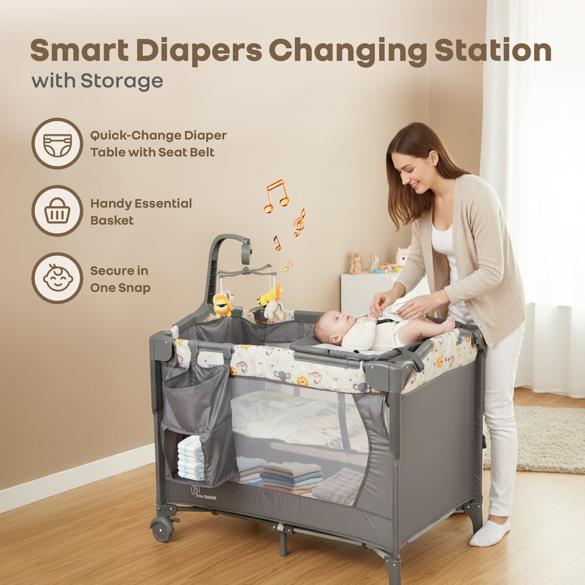 R for Rabbit Hide N Seek Multiplay Cot - Convertible Baby Cot with Diaper Changer, Playpen & Travel Bag