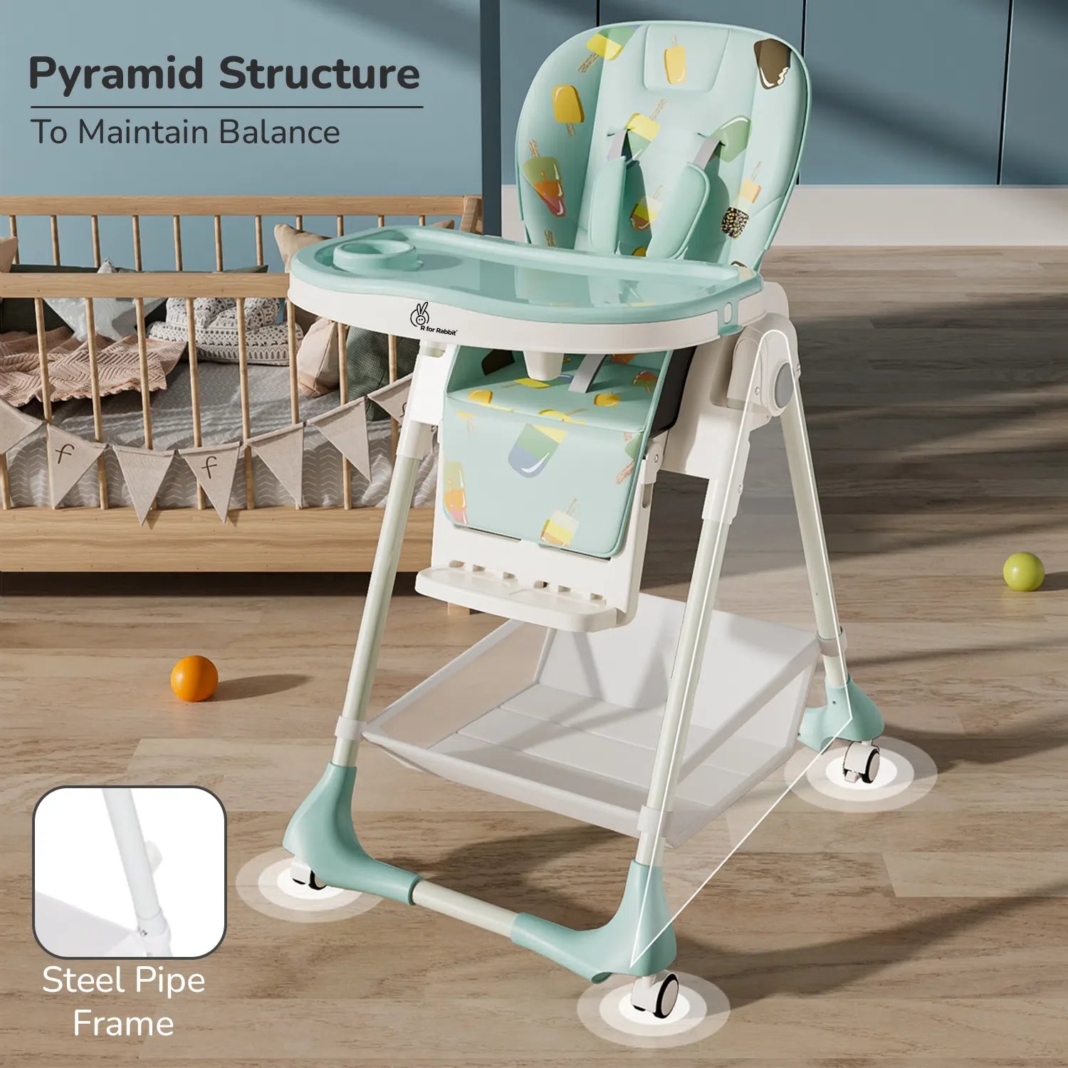 R for Rabbit Marshmallow High Chair - 7 Level Height Adjustment, 3 Recline Modes, Adjustable & Removable Double Meal Tray, 6 months-5 years