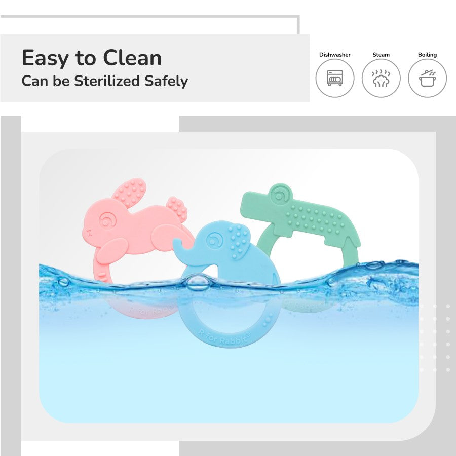 R for Rabbit Tiny Bites Zoobie Baby Silicone Teethers Pack of 3 Crocodile, Rabbit, and Elephant