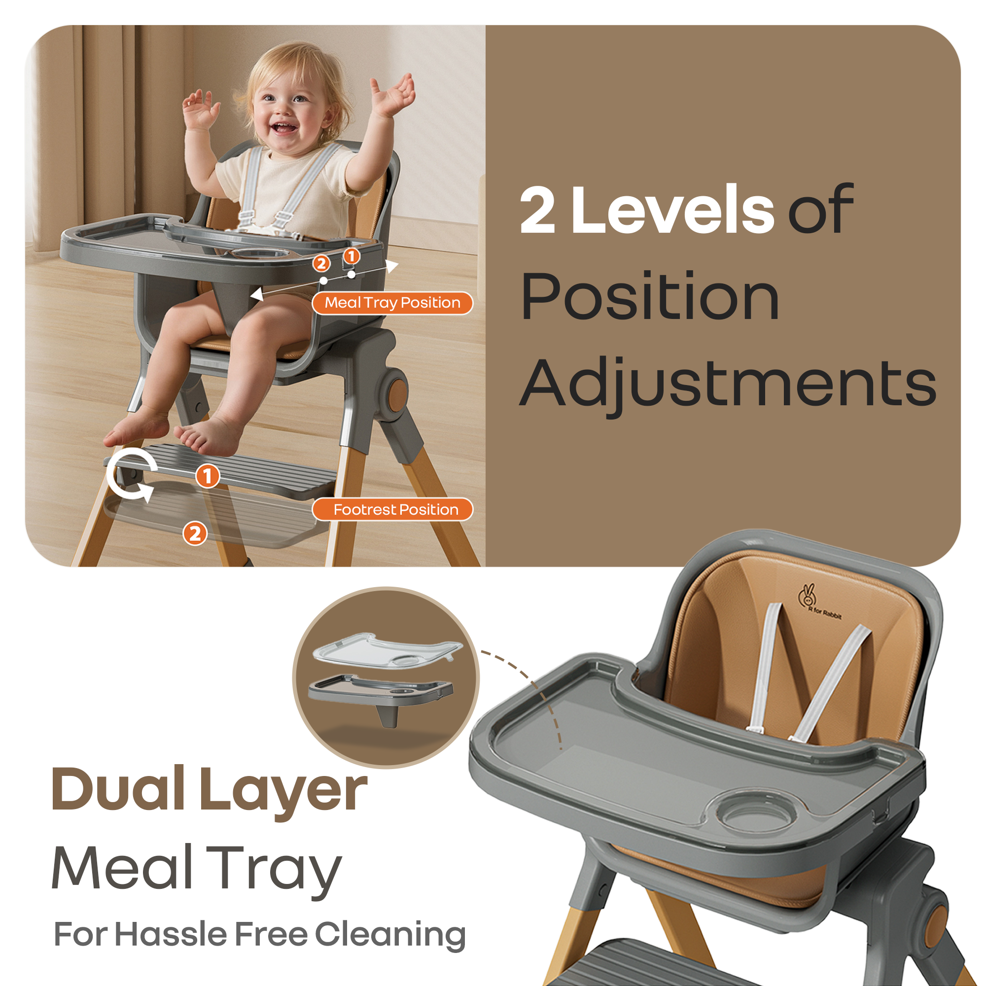 R for Rabbit Walnut High Chair - 3 in 1 Convertible kids Highchair with Booster & Stool