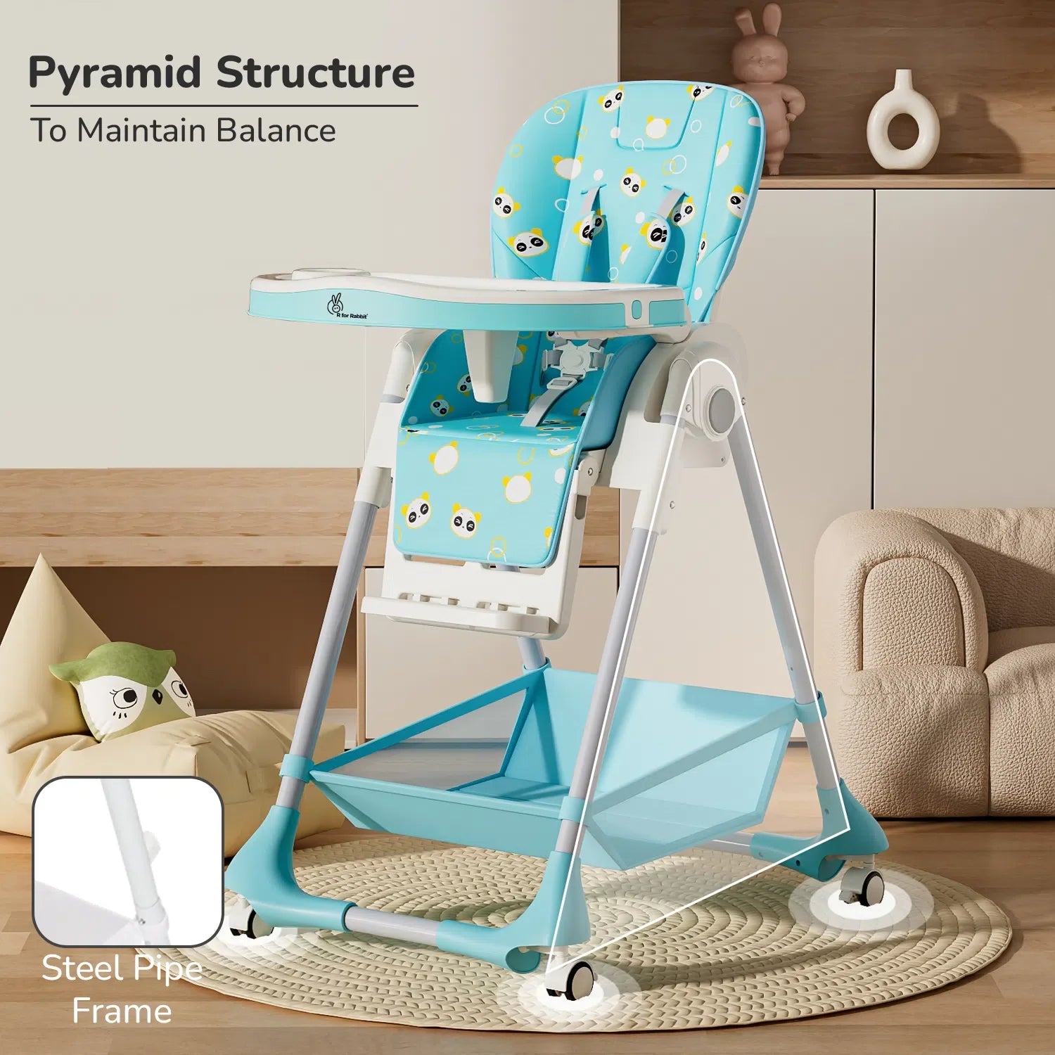 R for Rabbit Marshmallow High Chair - 7 Level Height Adjustment, 3 Recline Modes, Adjustable & Removable Double Meal Tray, 6 months-5 years