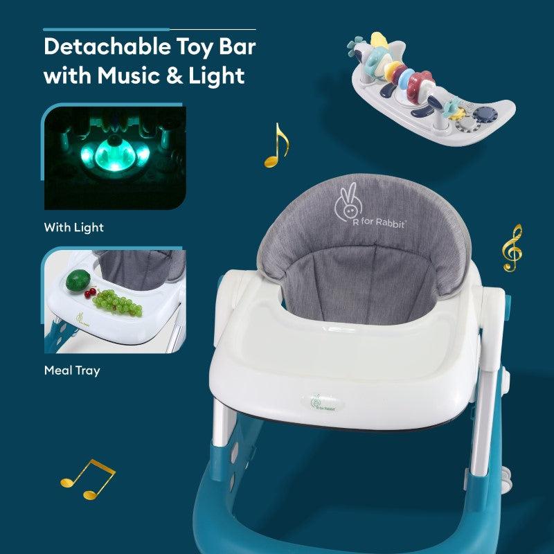 R for Rabbit Little Feet Walker - Detachable Toy Bar/ Meal Tray With Music & Light, 2 Level Height/ 4 Level Seat Adjustment, Anti fall Brake Pads