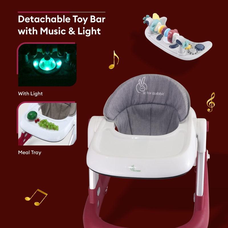R for Rabbit Little Feet Walker - Detachable Toy Bar/ Meal Tray With Music & Light, 2 Level Height/ 4 Level Seat Adjustment, Anti fall Brake Pads