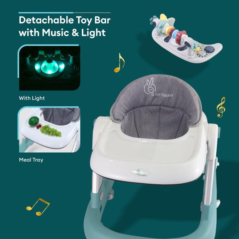 R for Rabbit Little Feet Walker - Detachable Toy Bar/ Meal Tray With Music & Light, 2 Level Height/ 4 Level Seat Adjustment, Anti fall Brake Pads