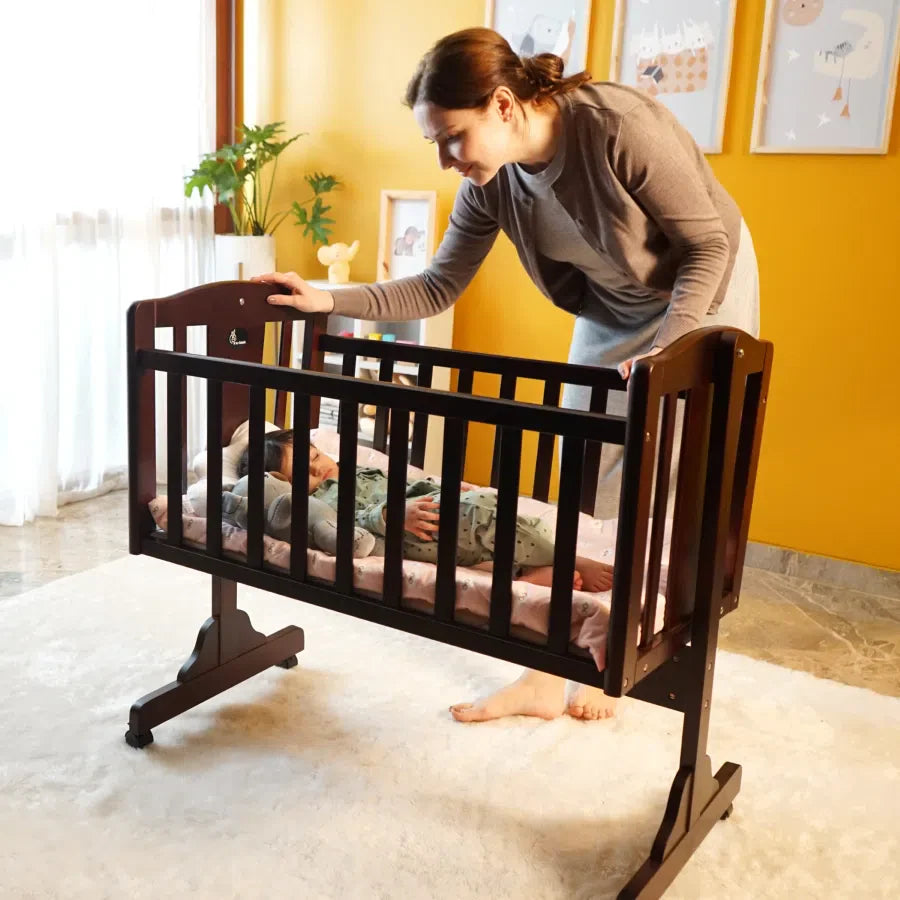 R for Rabbit Dream Time Wooden Cradle - Swing & Wheel Lock, High Quality Pine Wood, Scratch Resistant