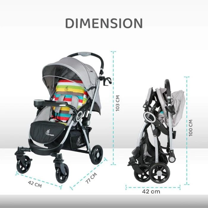 Chocolate Ride Stroller For Kids - Reversible Handle, Multiple Recline Positions, Cup Holder with Meal Tray, 5 Point Safety Harness, Storage Basket