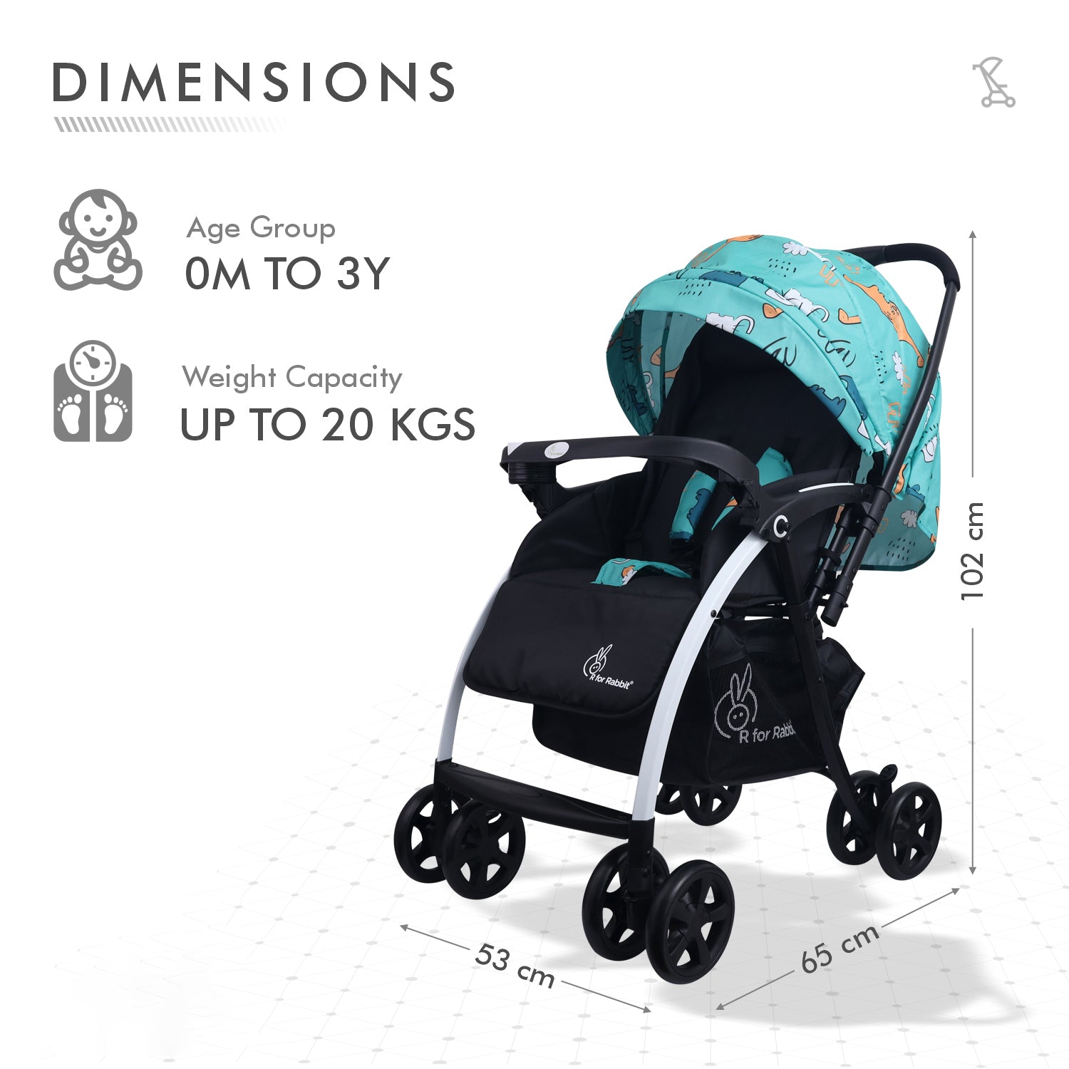 R for Rabbit Sugar Pop Stroller - 3 Position Seat Recline, Easy One Hand Fold, Reversible Handle, UV Resistant Sun Canopy