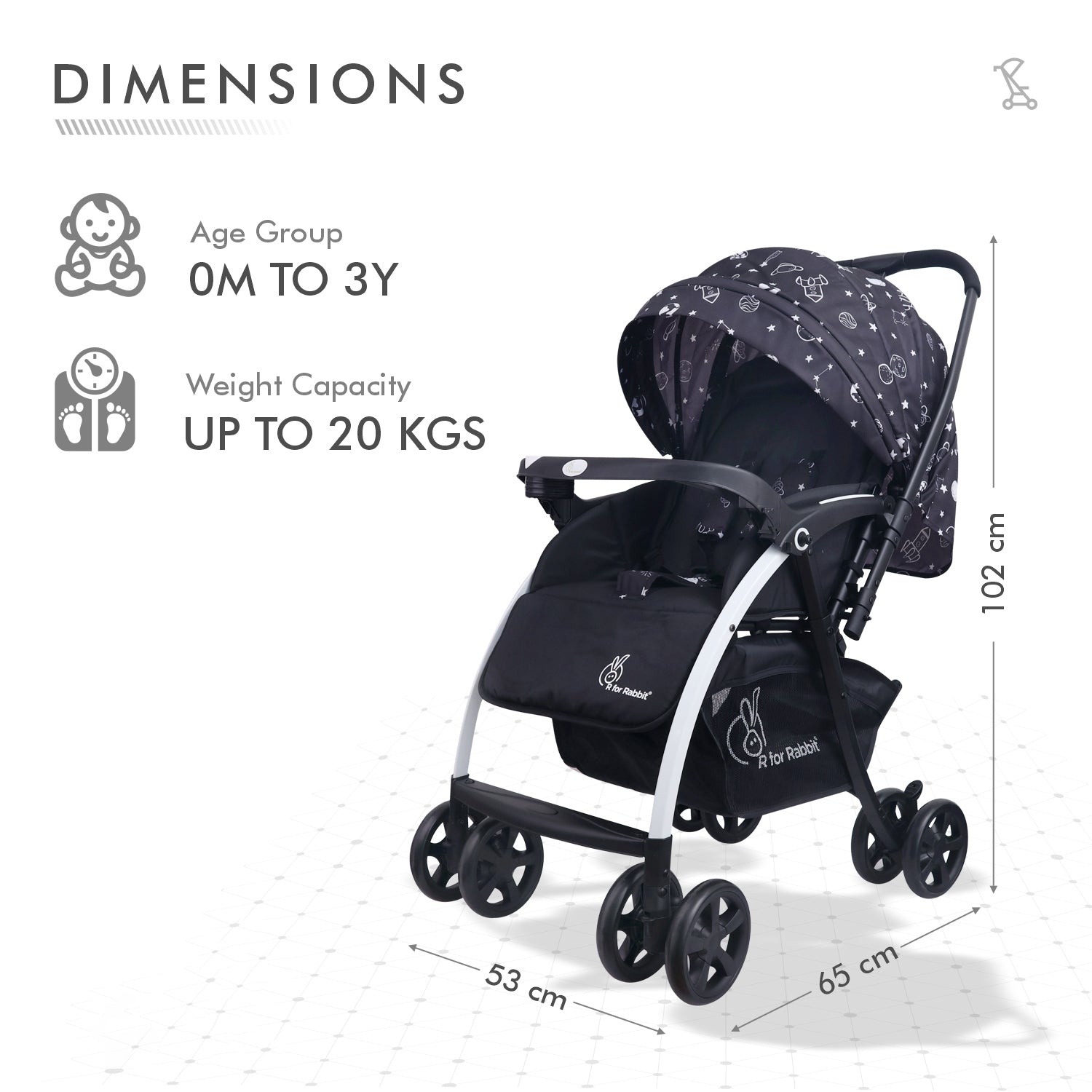 R for Rabbit Sugar Pop Stroller - 3 Position Seat Recline, Easy One Hand Fold, Reversible Handle, UV Resistant Sun Canopy