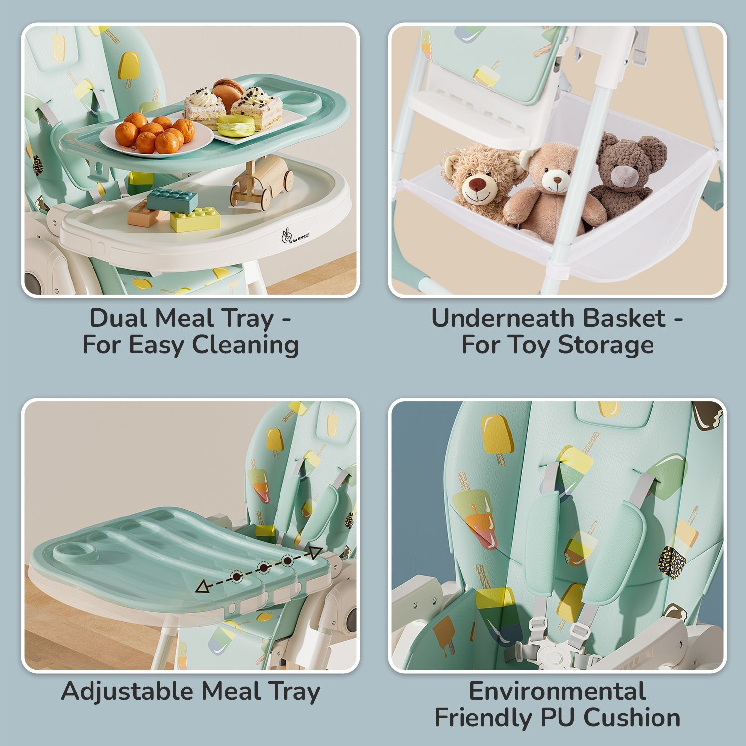 R for Rabbit Marshmallow High Chair - 7 Level Height Adjustment, 3 Recline Modes, Adjustable & Removable Double Meal Tray, 6 months-5 years