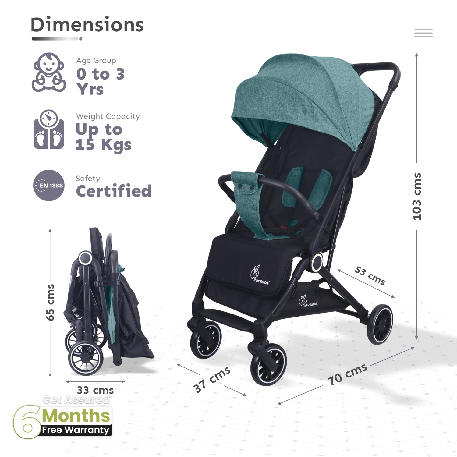 R for Rabbit Pocket Air Stroller - One Hand Fold, Light Weight, Travel Friendly, Adjustable Canopy