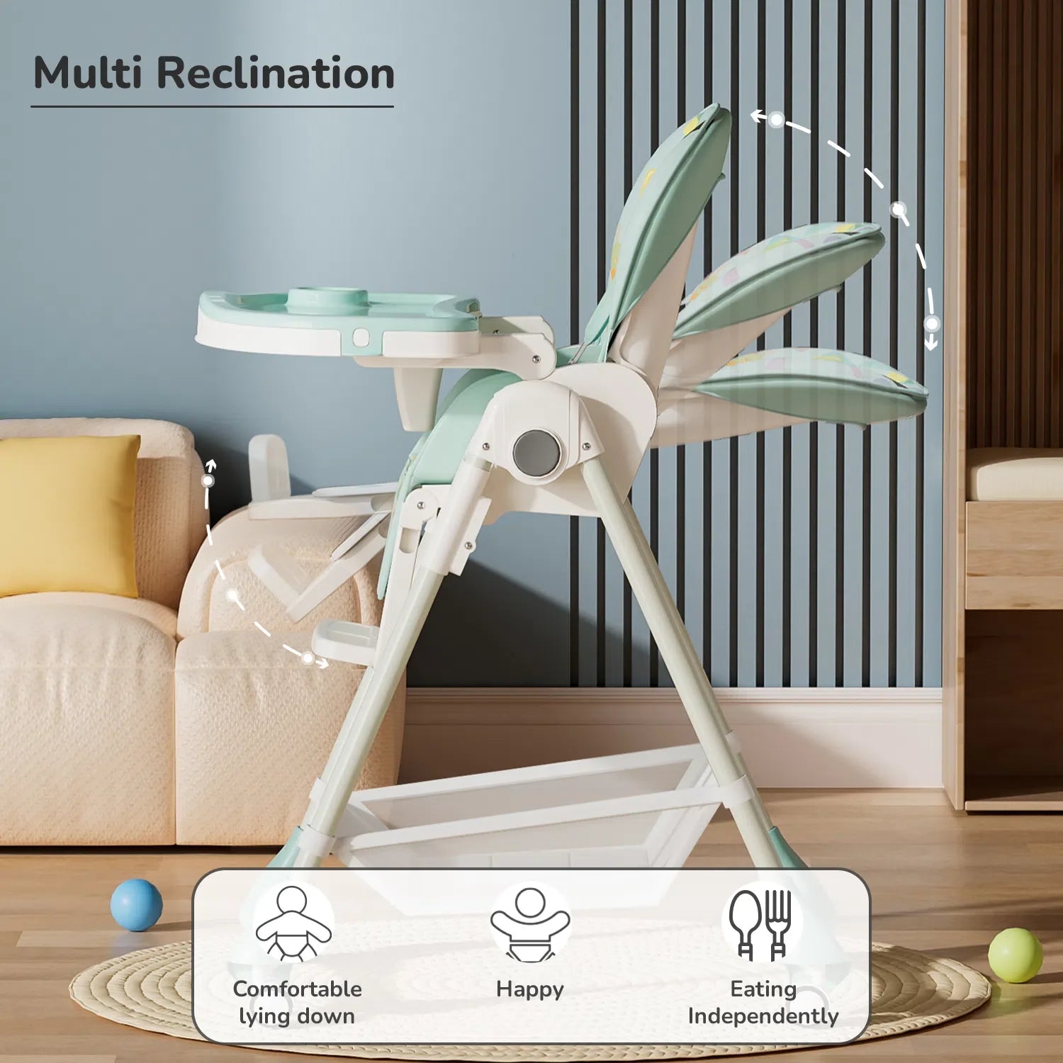 R for Rabbit Marshmallow High Chair - 7 Level Height Adjustment, 3 Recline Modes, Adjustable & Removable Double Meal Tray, 6 months-5 years