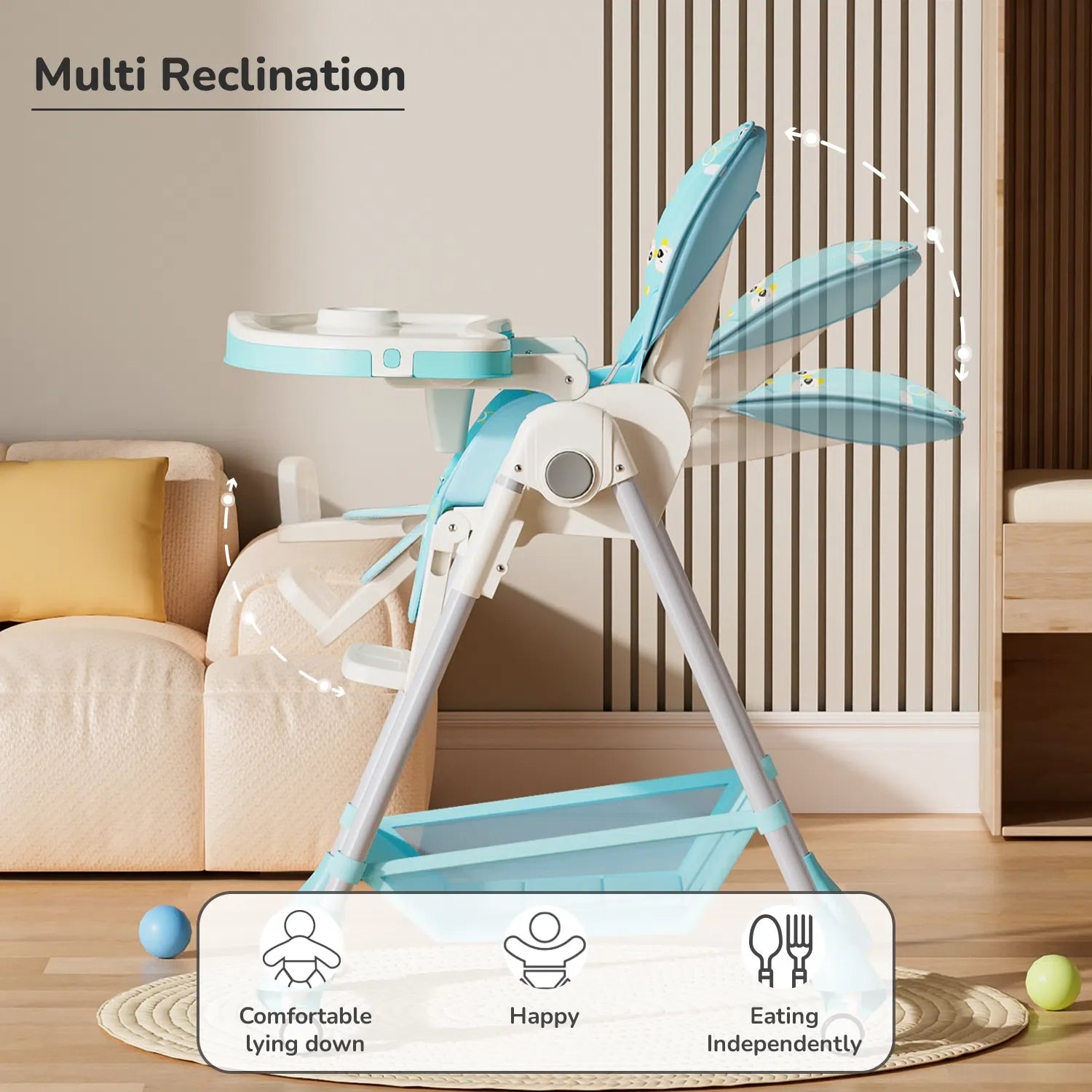 R for Rabbit Marshmallow High Chair - 7 Level Height Adjustment, 3 Recline Modes, Adjustable & Removable Double Meal Tray, 6 months-5 years