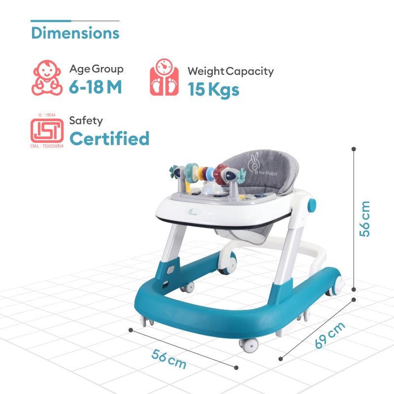 R for Rabbit Little Feet Walker - Detachable Toy Bar/ Meal Tray With Music & Light, 2 Level Height/ 4 Level Seat Adjustment, Anti fall Brake Pads