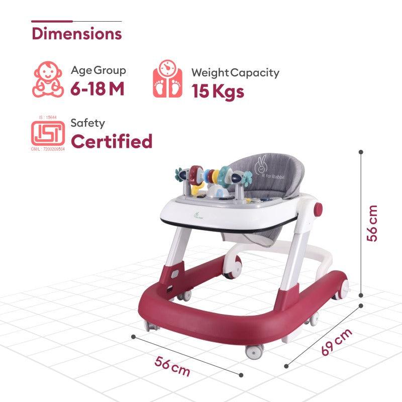 R for Rabbit Little Feet Walker - Detachable Toy Bar/ Meal Tray With Music & Light, 2 Level Height/ 4 Level Seat Adjustment, Anti fall Brake Pads