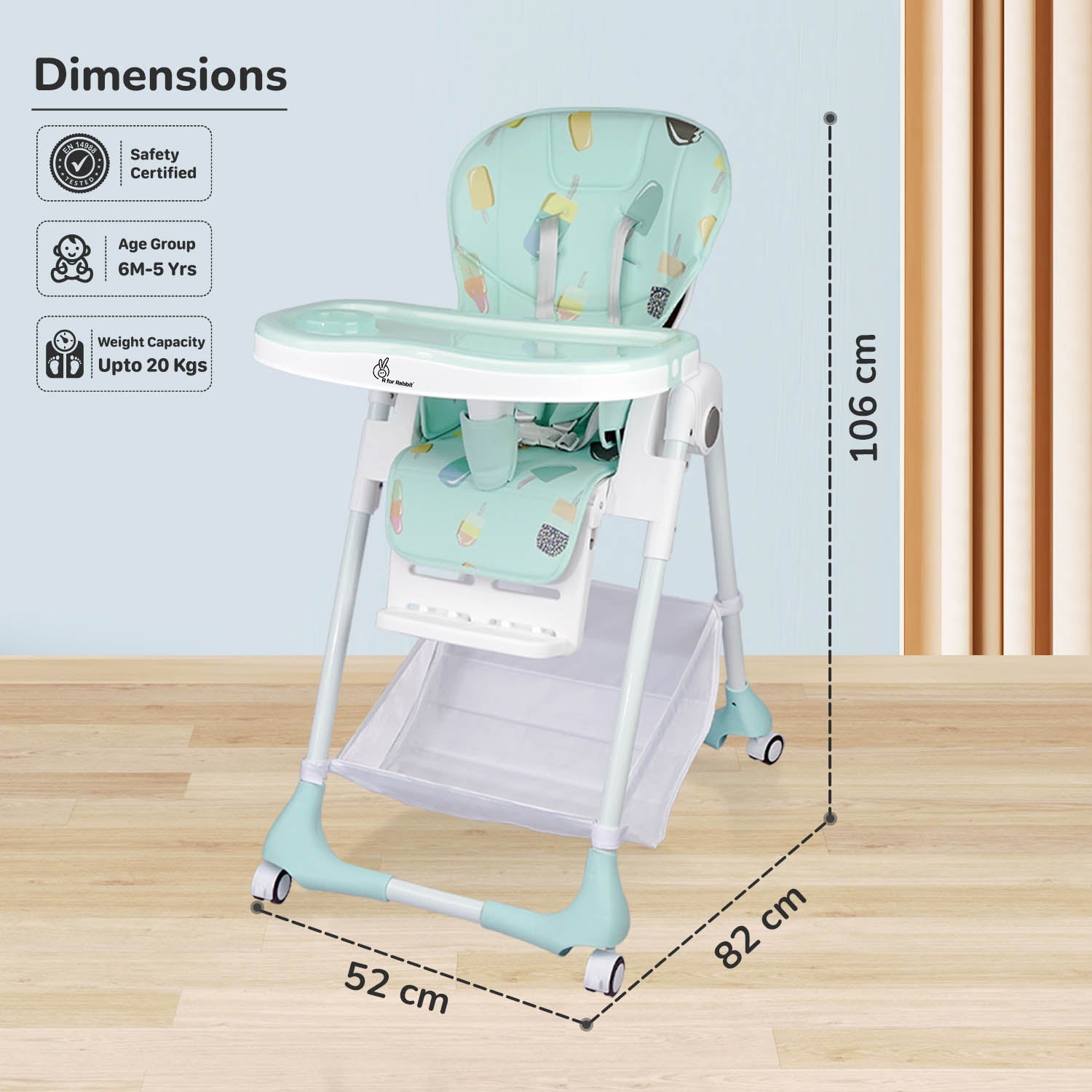 R for Rabbit Marshmallow High Chair - 7 Level Height Adjustment, 3 Recline Modes, Adjustable & Removable Double Meal Tray, 6 months-5 years