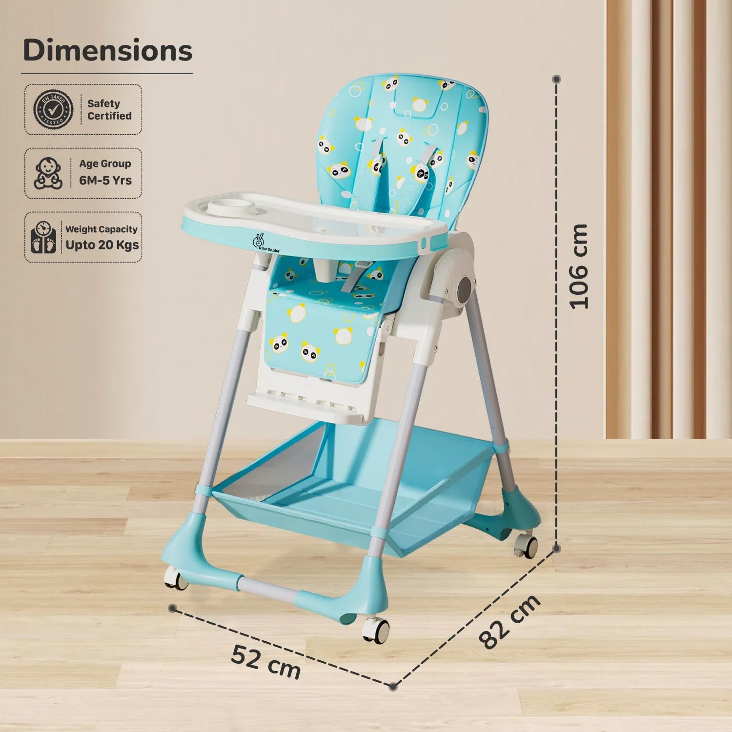 R for Rabbit Marshmallow High Chair - 7 Level Height Adjustment, 3 Recline Modes, Adjustable & Removable Double Meal Tray, 6 months-5 years