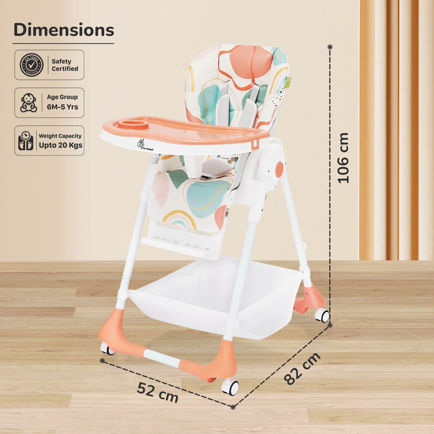 R for Rabbit Marshmallow High Chair - 7 Level Height Adjustment, 3 Recline Modes, Adjustable & Removable Double Meal Tray, 6 months-5 years