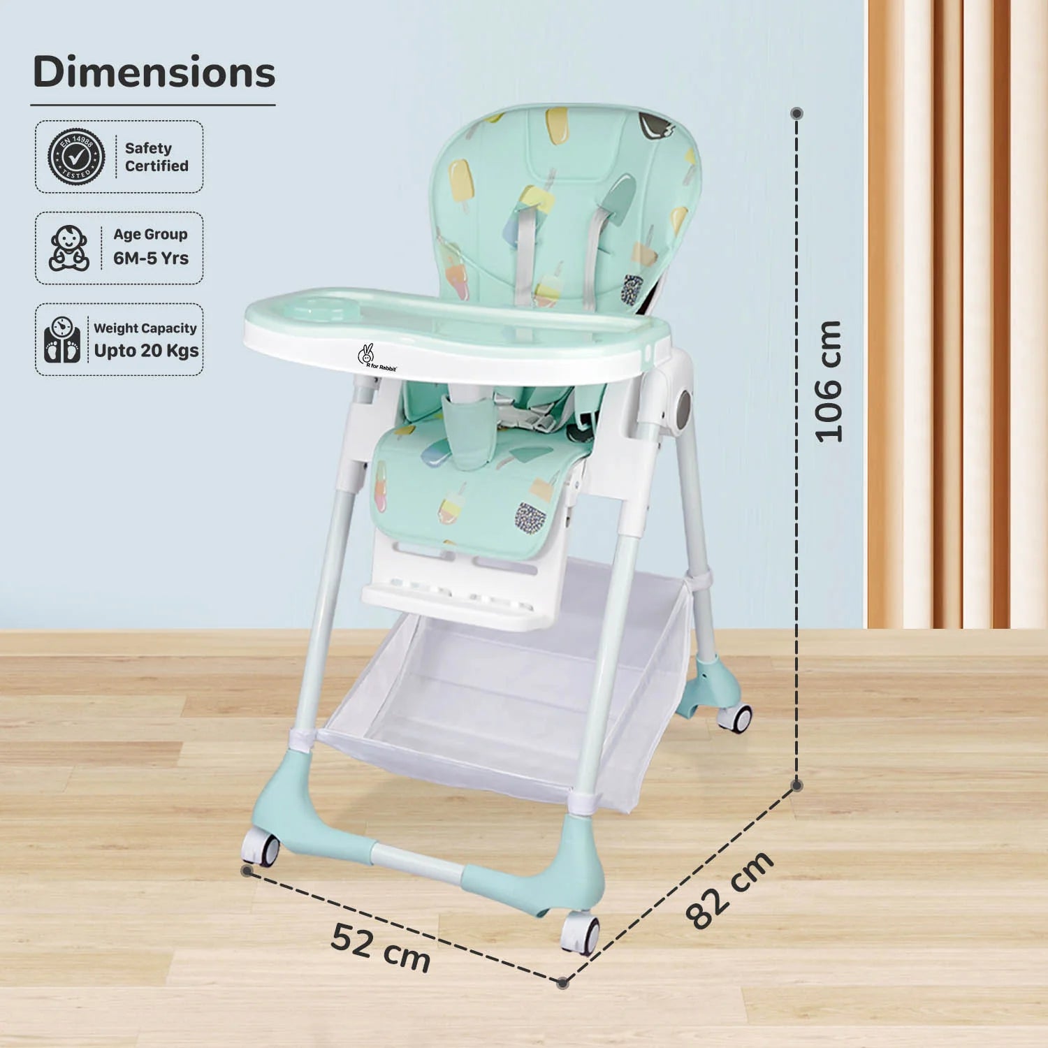 R for Rabbit Marshmallow High Chair - 7 Level Height Adjustment, 3 Recline Modes, Adjustable & Removable Double Meal Tray, 6 months-5 years