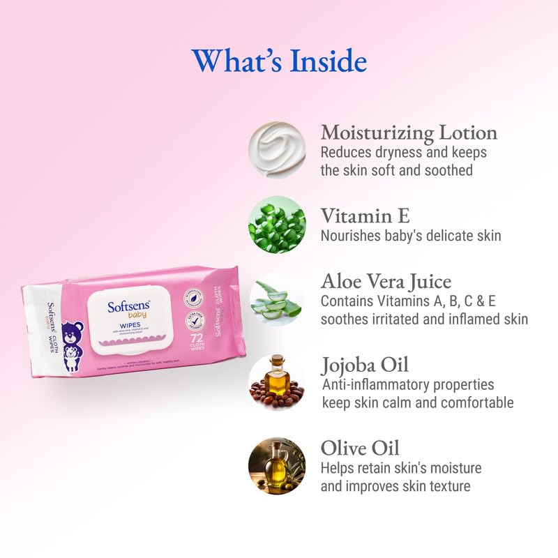 Softsens Baby Gentle Cloth Wipes | Aloe Vera & Vitamin E | Paraben Free | With Lid | 72 Wipes (Pack of 2)