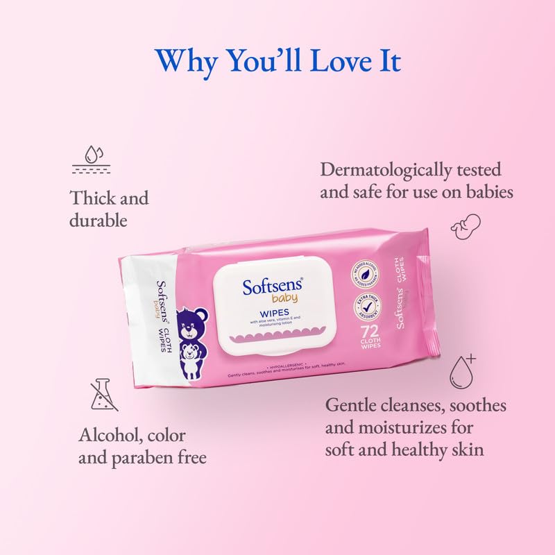 Softsens Baby Gentle Cloth Wipes | Aloe Vera & Vitamin E | Paraben Free | With Lid | 72 Wipes (Pack of 2)