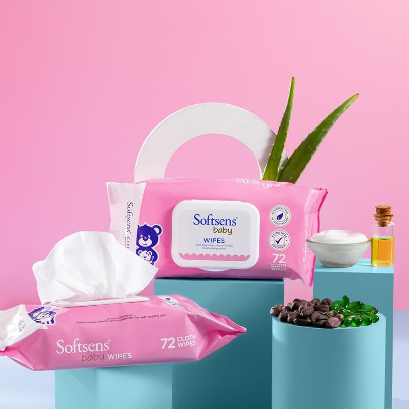 Softsens Baby Gentle Cloth Wipes | Aloe Vera & Vitamin E | Paraben Free | With Lid | 72 Wipes (Pack of 2)