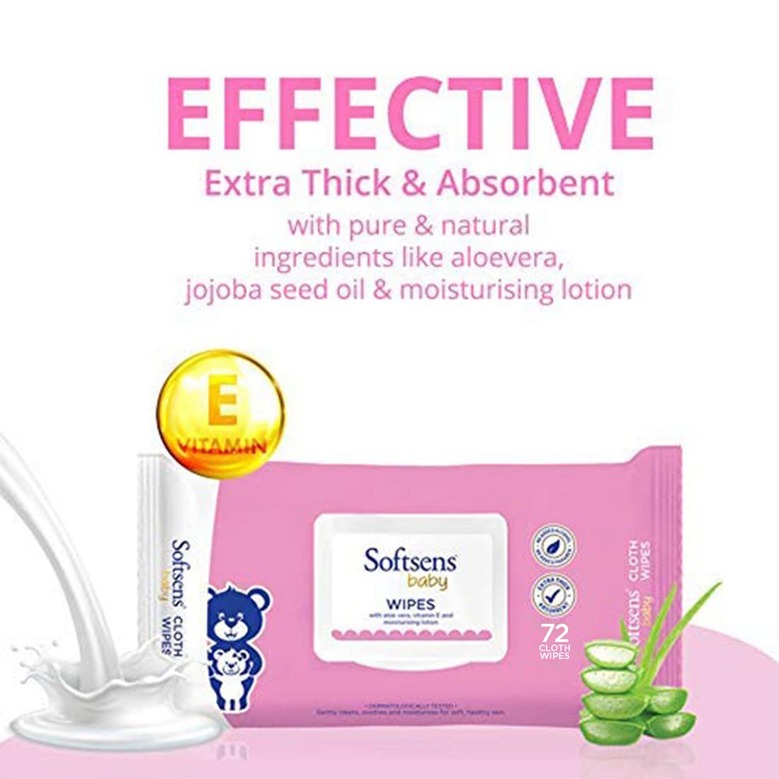 Softsens Baby Gentle Cloth Wipes | Aloe Vera & Vitamin E | Paraben Free | With Lid | 72 Wipes (Pack of 2)
