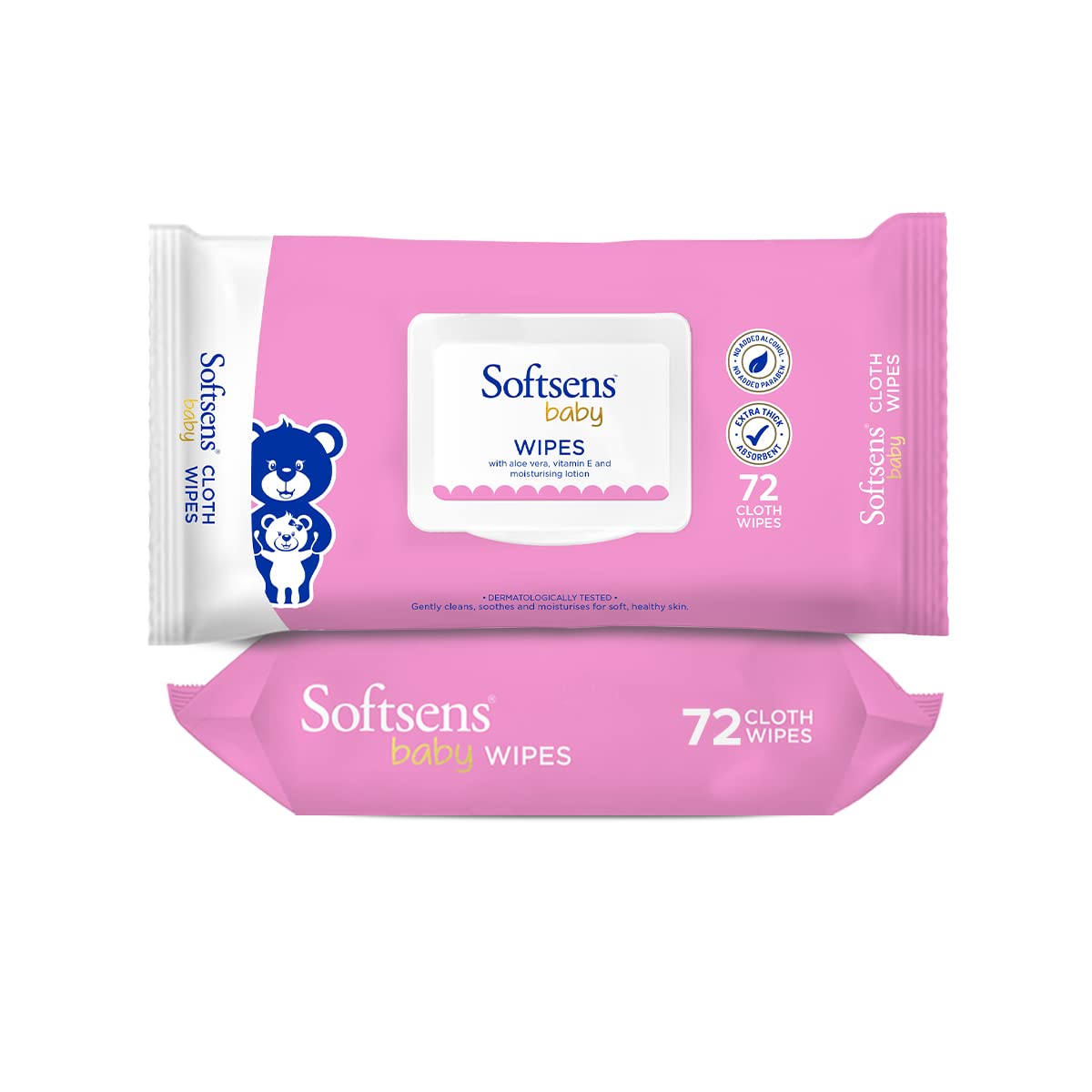 Softsens Baby Gentle Cloth Wipes | Aloe Vera & Vitamin E | Paraben Free | With Lid | 72 Wipes (Pack of 2)